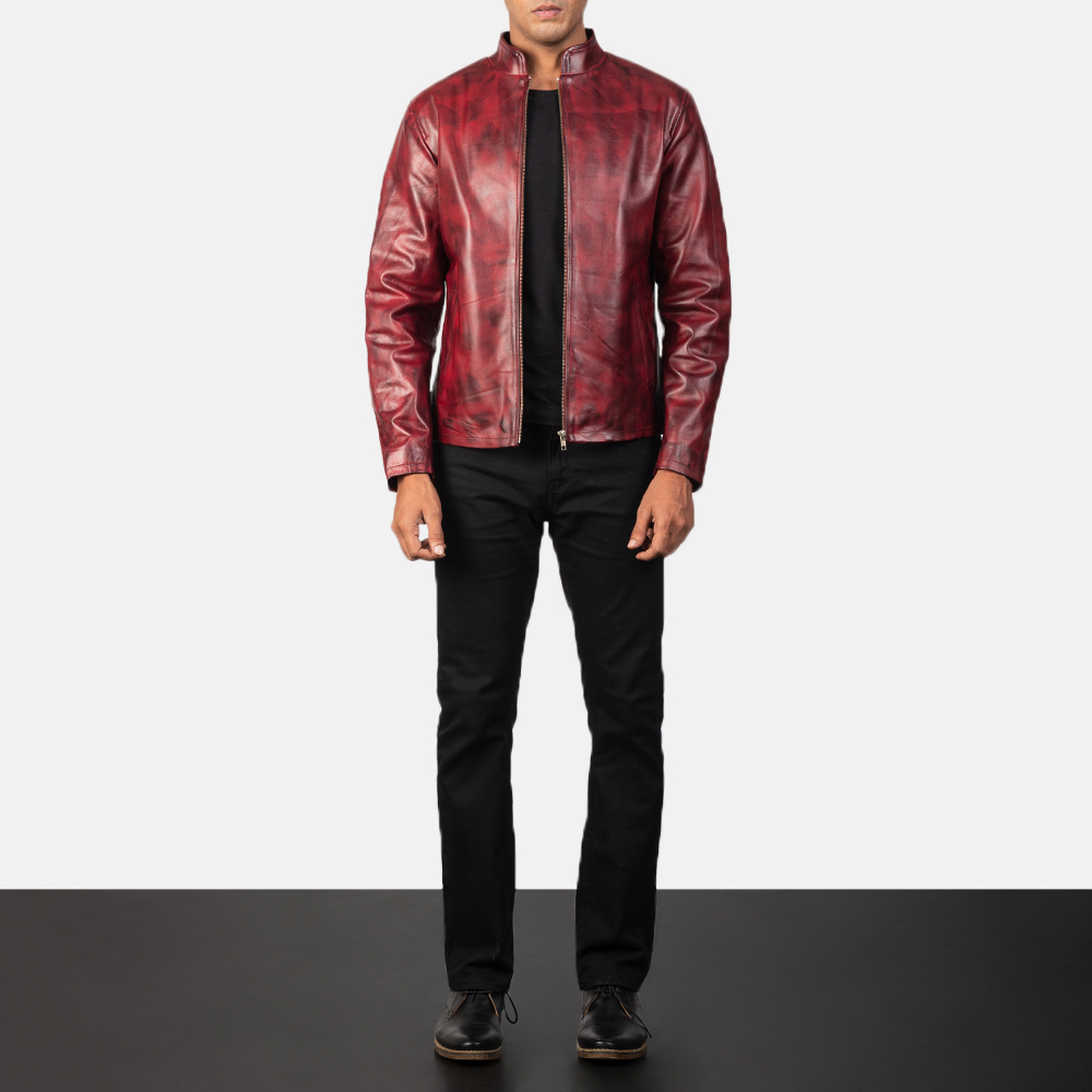 Burgundy leather 2025 jacket mens